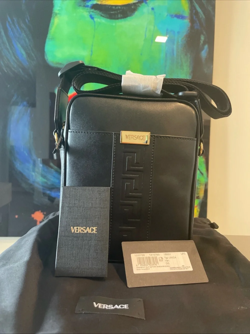 Versace Black Leather Messenger Crossbody with Gold Plaque